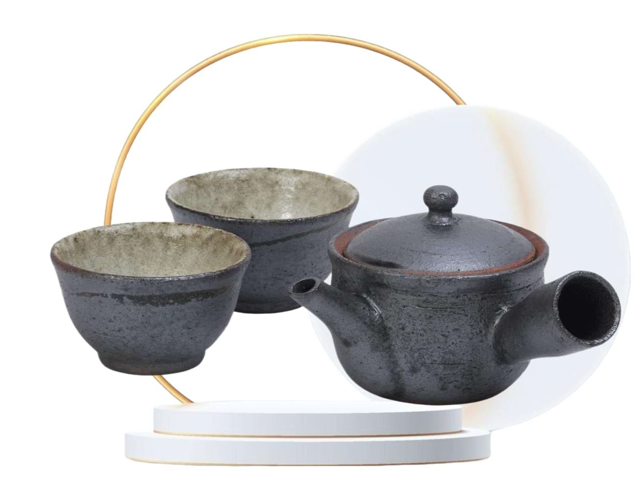 Shigaraki Pottery Sumi-iro Kyusu Teapot and Yunomi Set