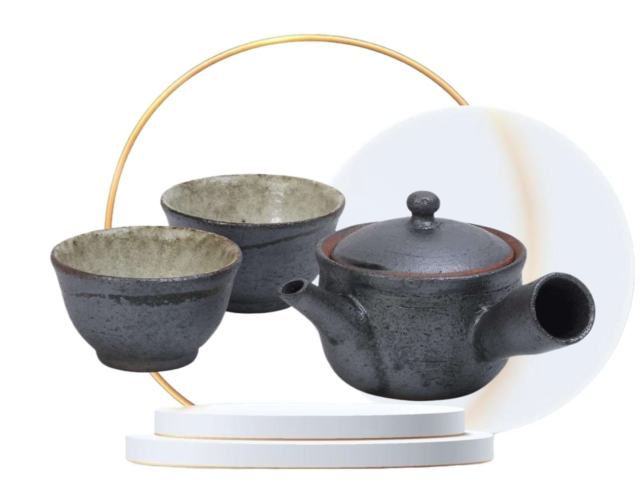 Shigaraki Pottery Sumi-iro Kyusu Teapot and Yunomi Set